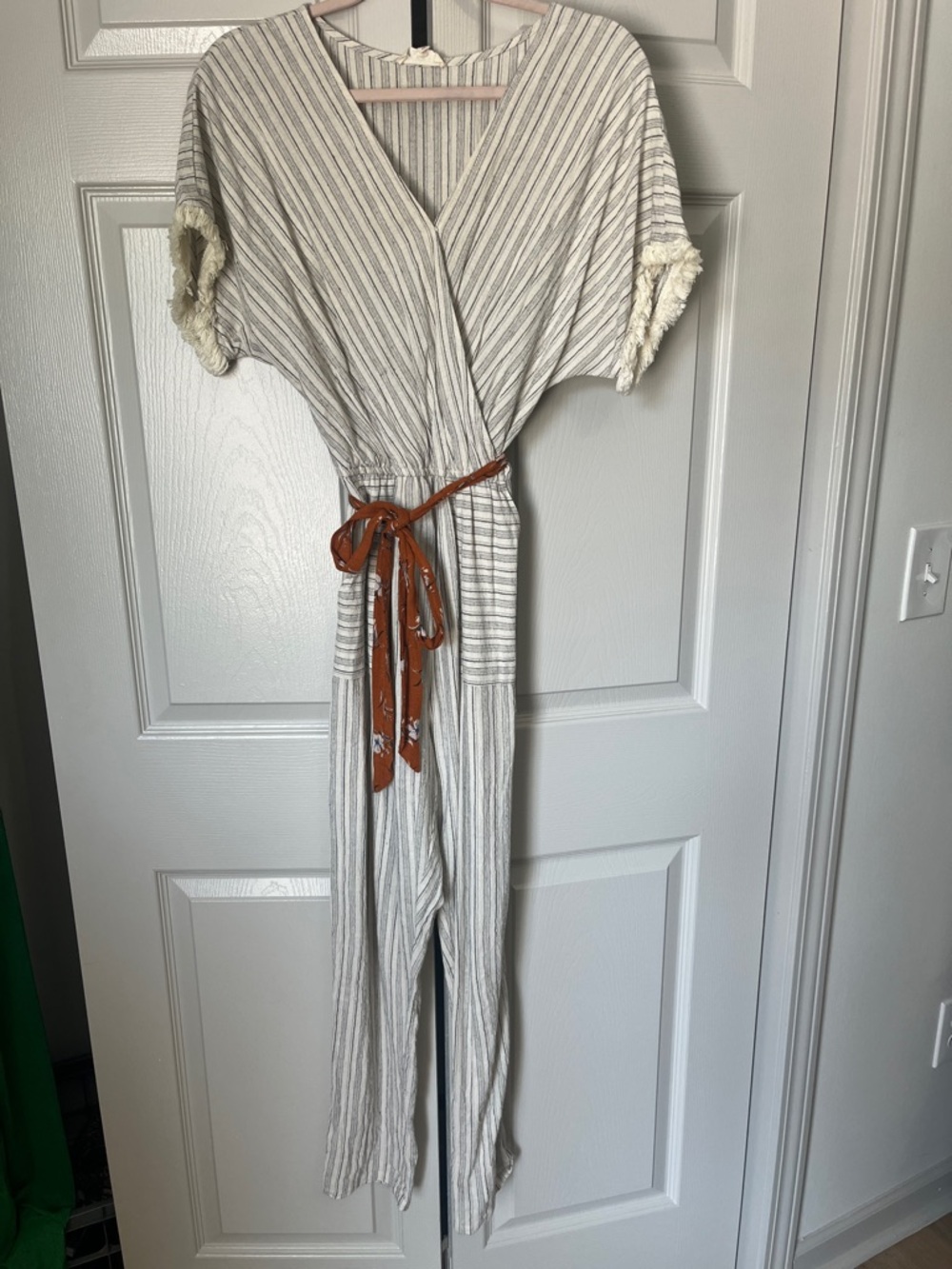 Roolee Cream and Gray Striped Jumpsuit with Rust Tie